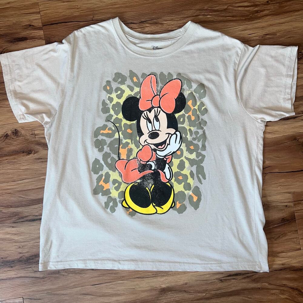 Cream Tan Short Sleeve Cheetah Print Minnie Mouse Graphic TShirt Size 2X